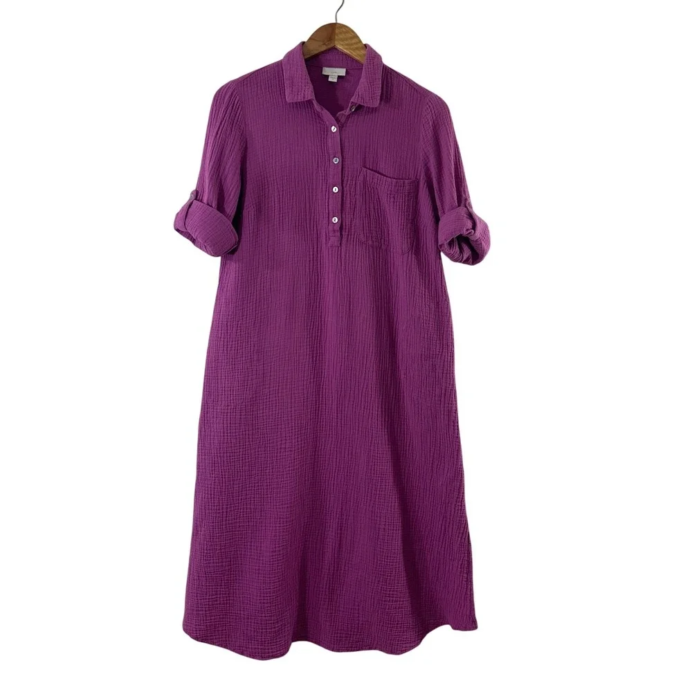 J.Jill Purple Cotton Double Gauze Midi Shirt Dress Roll Tab Sleeve Womens XS